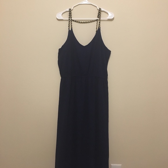Navy Blue Maxi Dress with Gold Straps - Picture 3 of 4