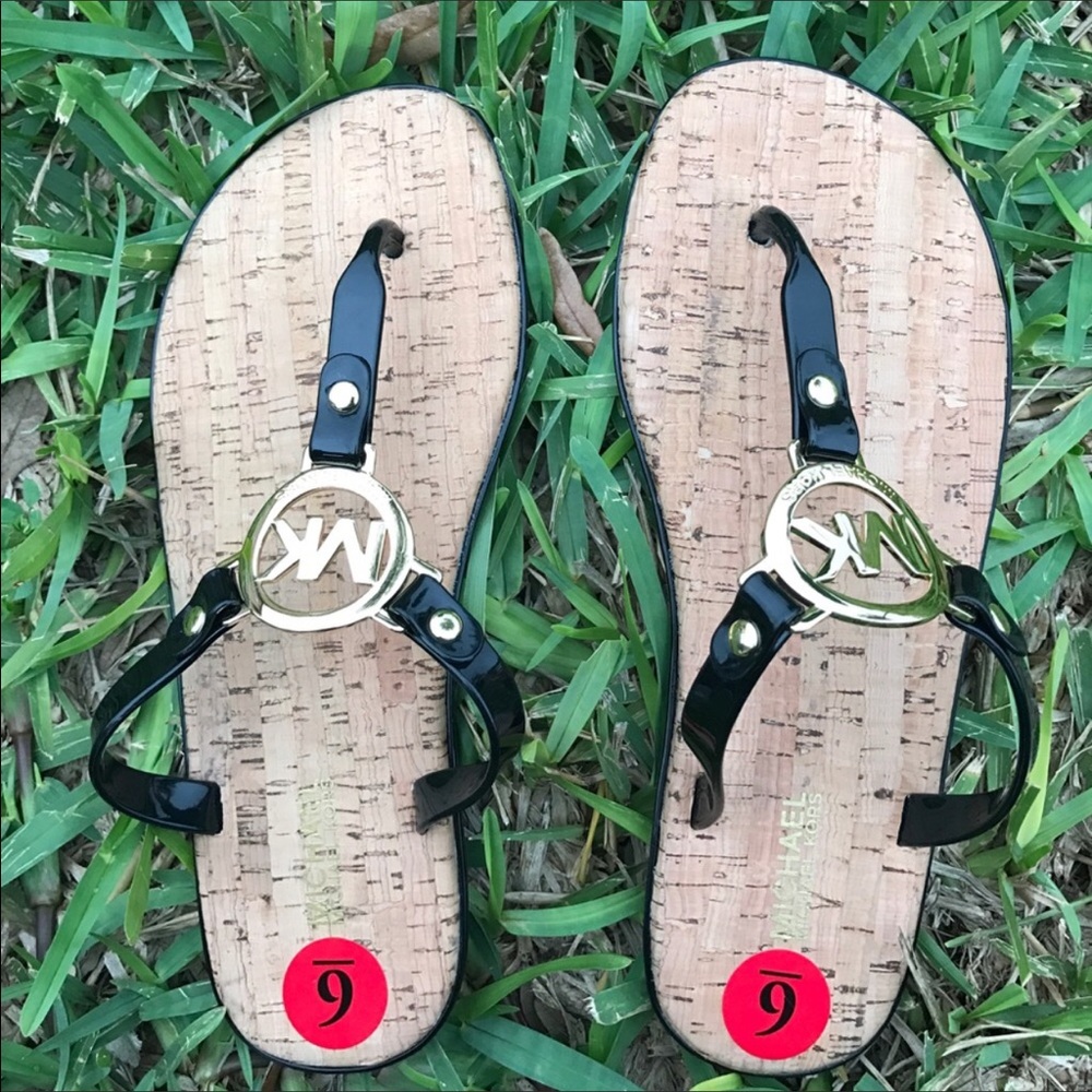 New MK Sandals Cork & Jelly Black & Gold Sz 11 - Picture 2 of 6