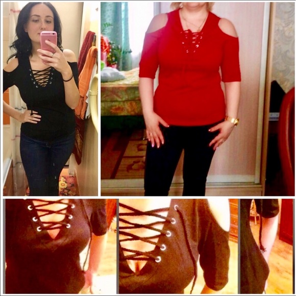 Lace Up Sexy V-Neck Open Cold-Shoulder -  Wine Red - Picture 4 of 8