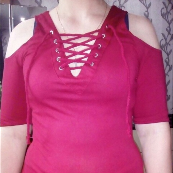 Lace Up Sexy V-Neck Open Cold-Shoulder -  Wine Red - Picture 7 of 8