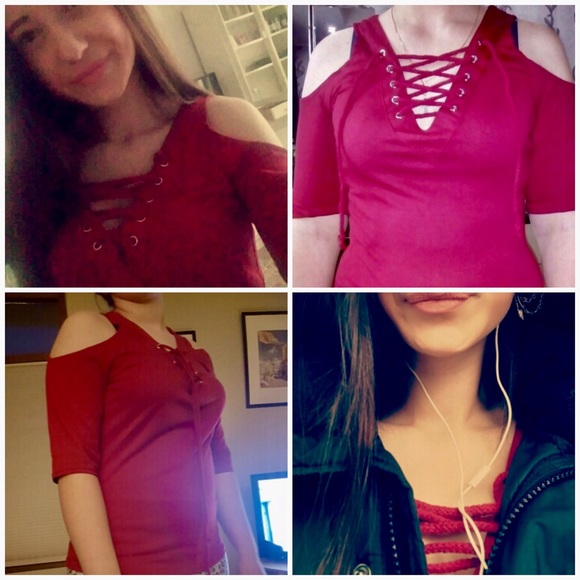 Lace Up Sexy V-Neck Open Cold-Shoulder -  Wine Red - Picture 8 of 8