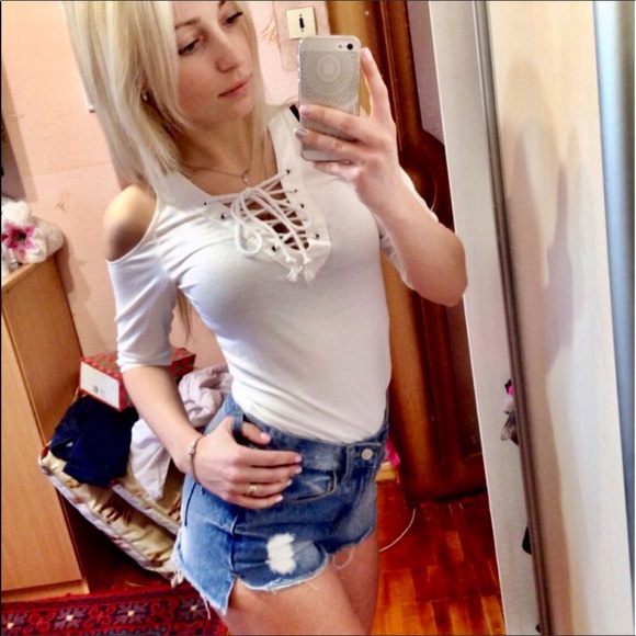 Lace Up Sexy V-Neck Open Cold Shoulder Top- White - Picture 2 of 8