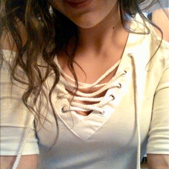 Lace Up Sexy V-Neck Open Cold Shoulder Top- White - Picture 6 of 8