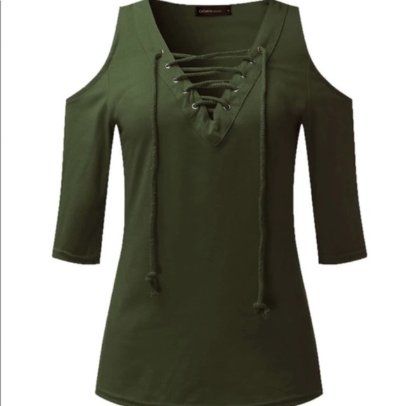 Lace Up Sexy V-Neck Open Cold Shoulder Top- White - Picture 7 of 8