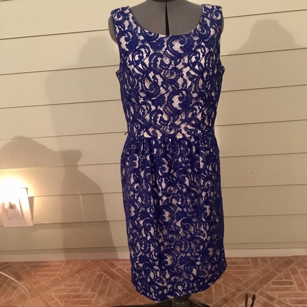 Ellen Tracy Blue Lace overlay sleeve sheath Dress