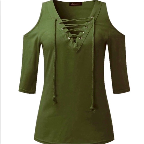 Tops - Lace-Up Sexy Open Cold-Shoulder - Military Green
