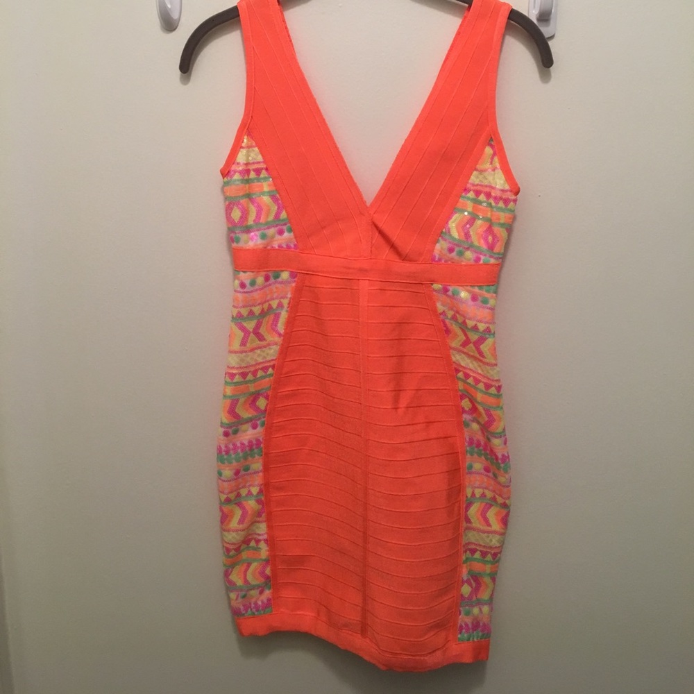 Neon orange dress with multi-color sequin sides