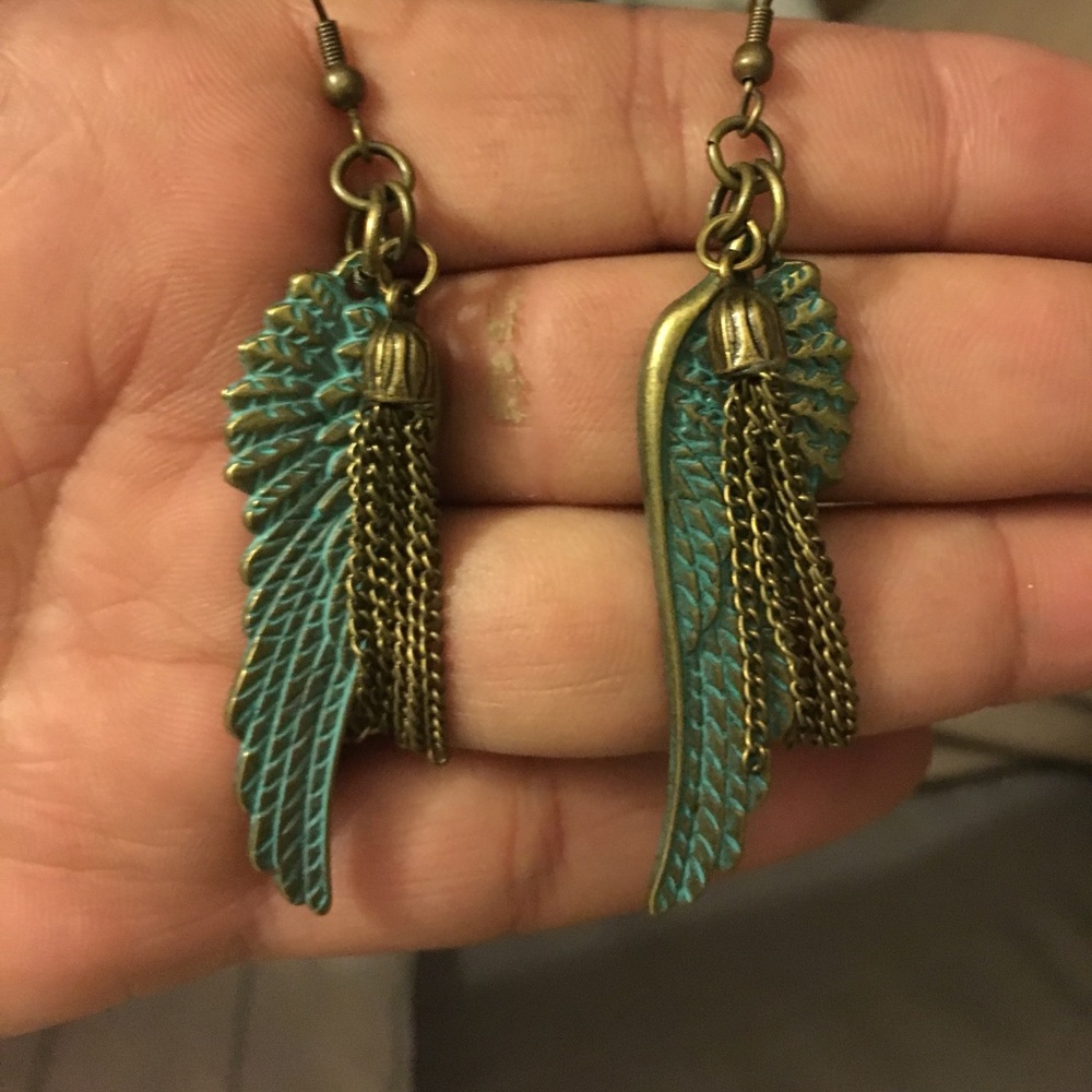 Antique gold color tassel w/Patina wing earrings