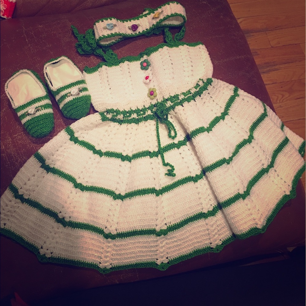 Hand made baby girl dress w/slippers and bandana