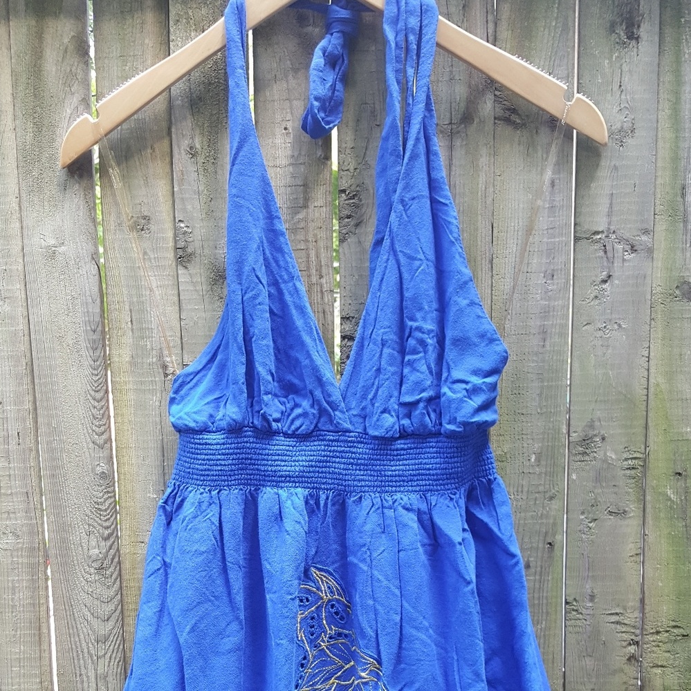 halter dress royal blue gold, roses lining