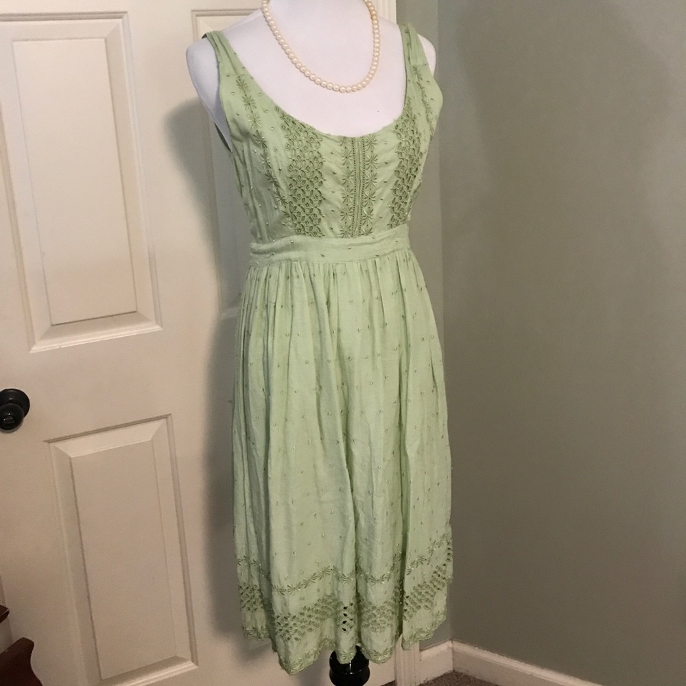 Celery Green, Eyelet Lace Midi-Dress.  Size 7.