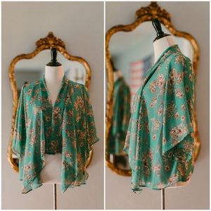Topshop London Teal with Tan Floral Short Kimono