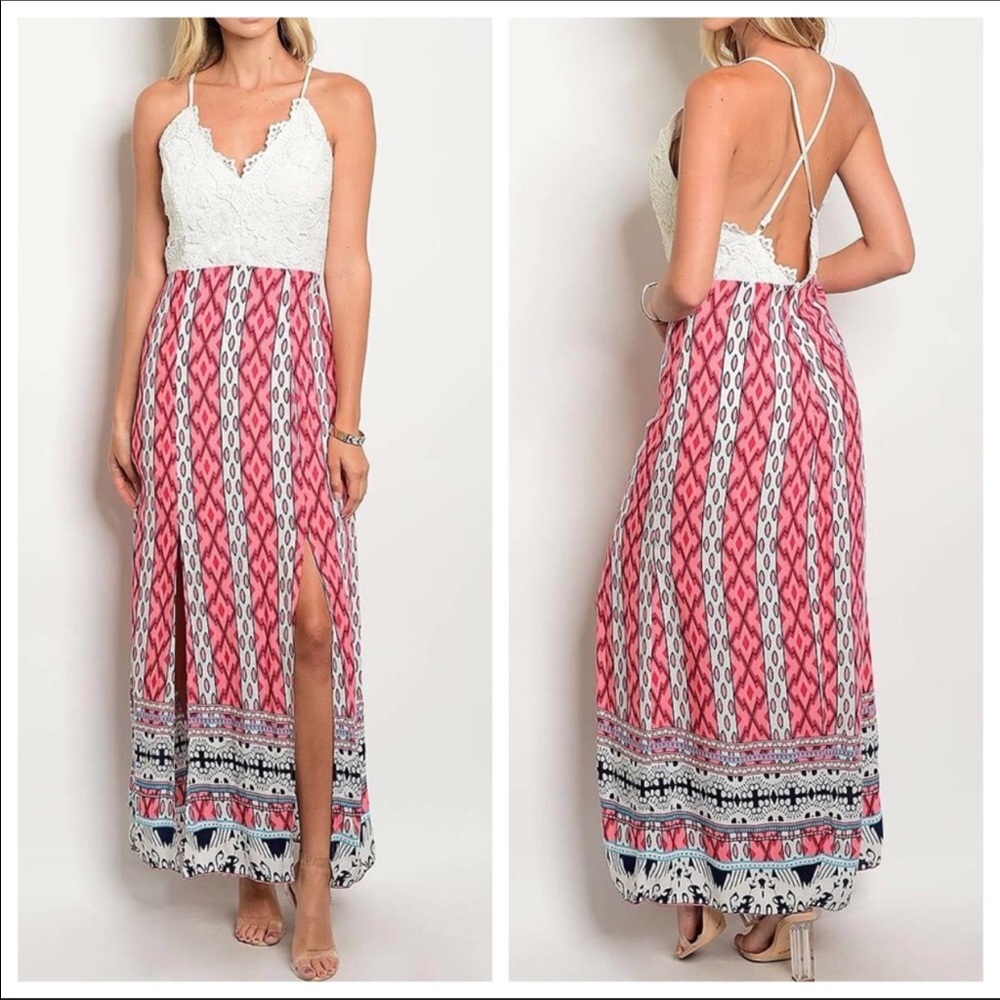 Maxi dress white lace cheerful colors NWT