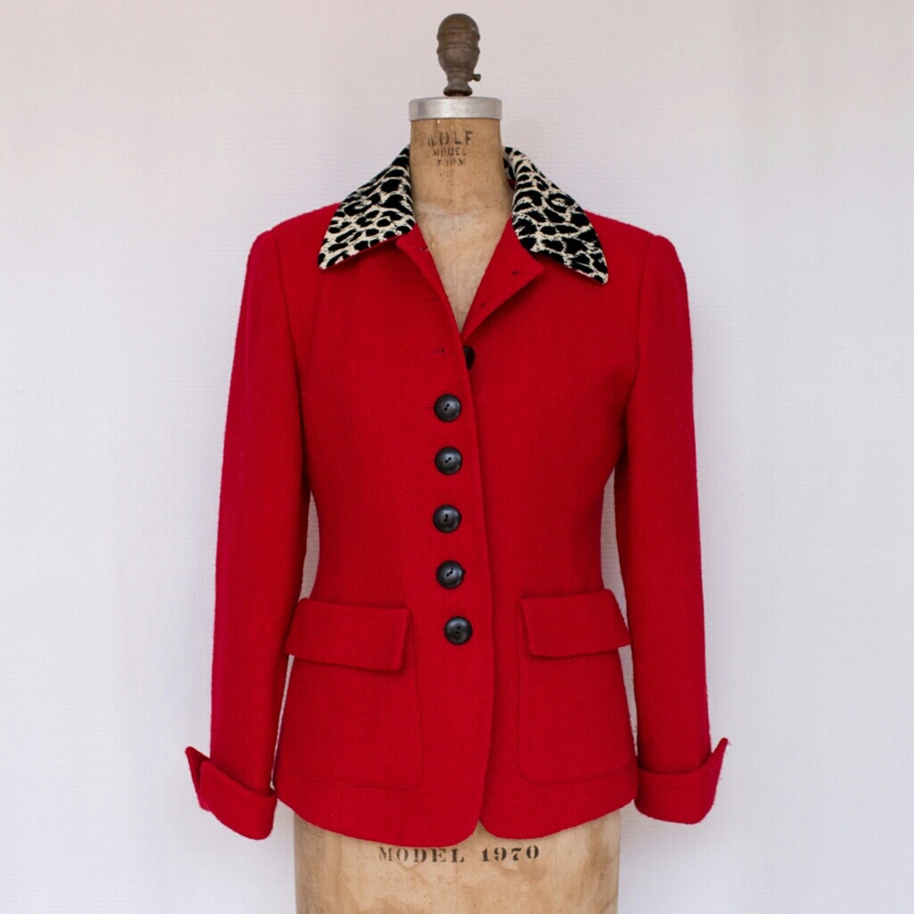 Vintage 80's Dior Red Blazer w/ Faux Fur Trim
