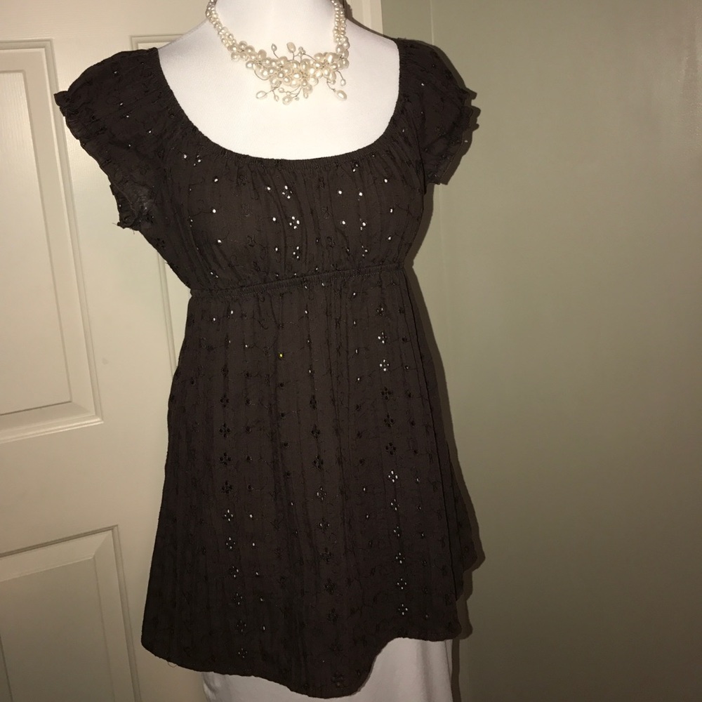 Brown, Eyelet Lace, Empire Waist Blouse Size Med.