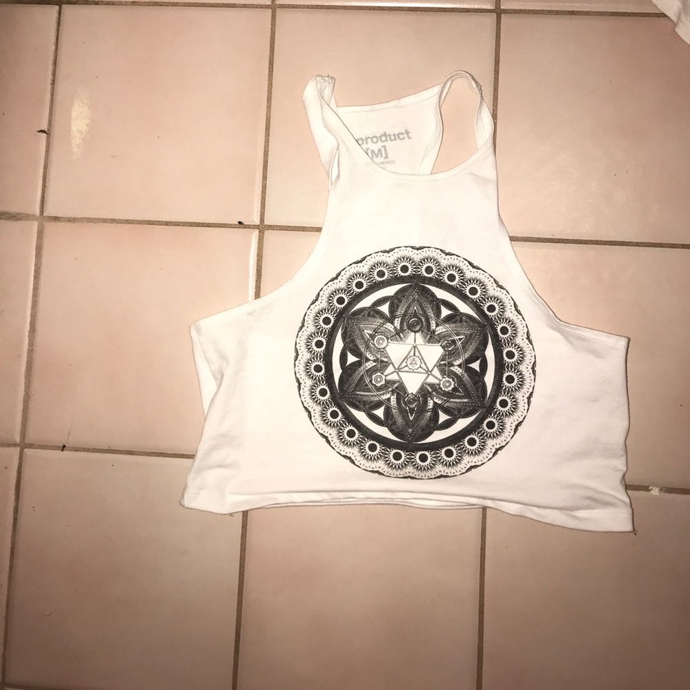 white crop top with black and gray detailing