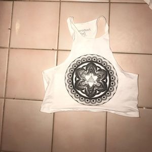 white crop top with black and gray detailing