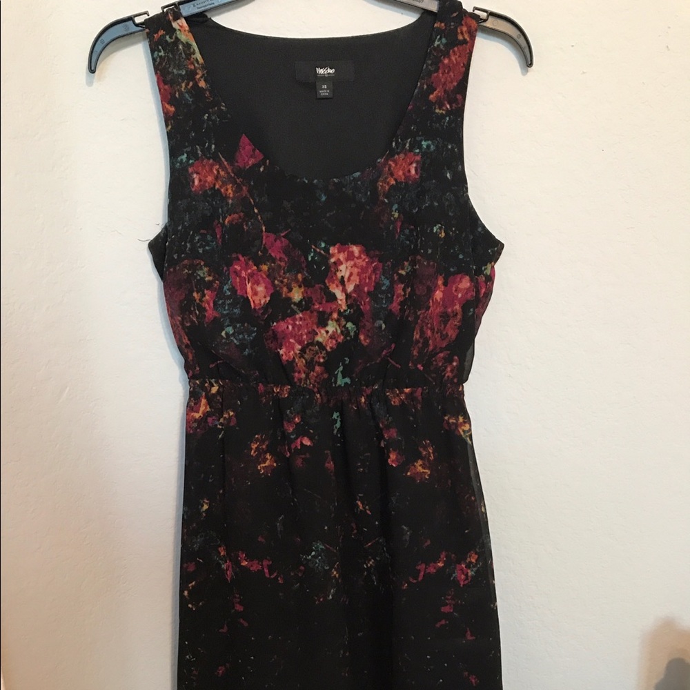Women's black high low dress w/ multicolored print