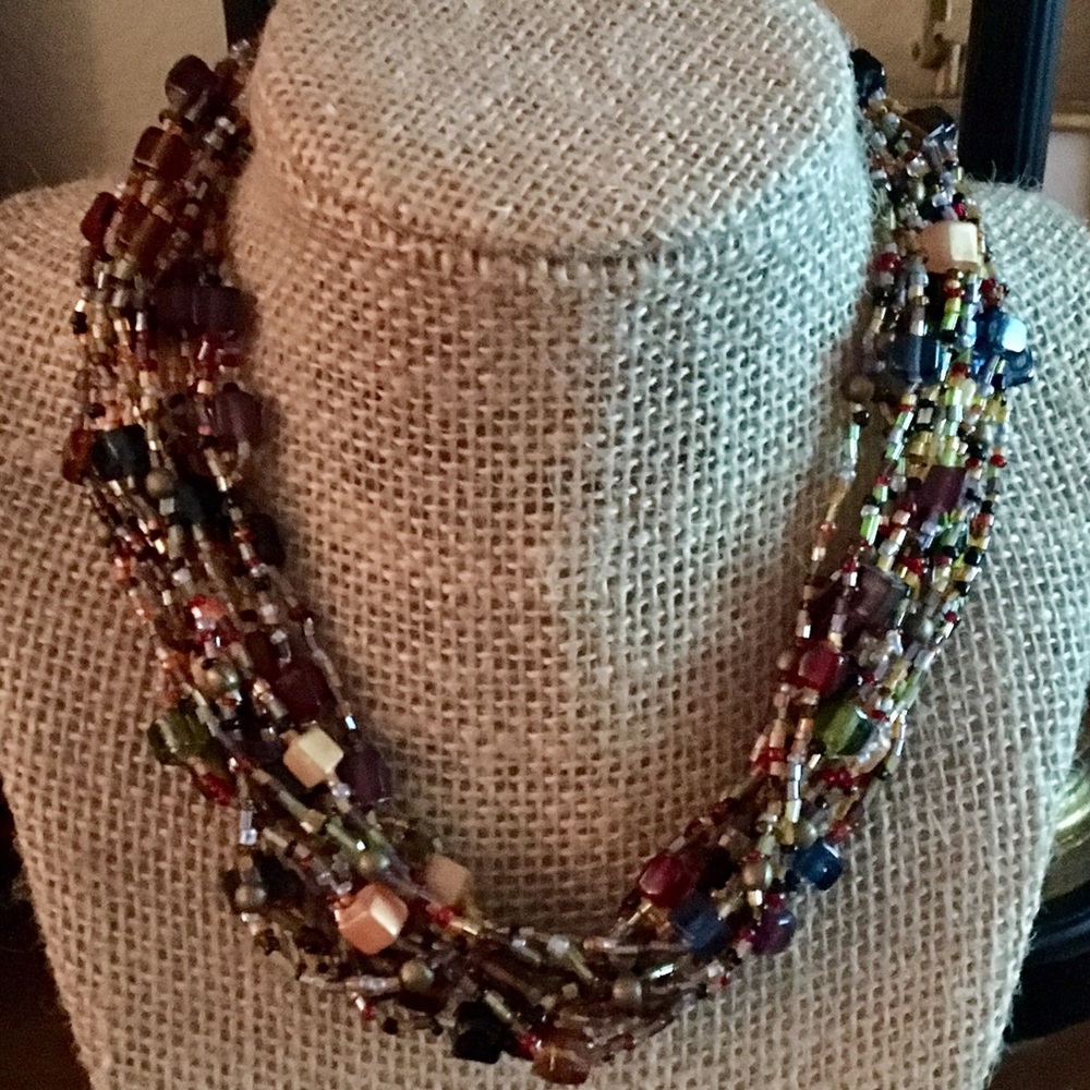 VINTAGE BRASS MUTI COLORED BEADED NECKLACE