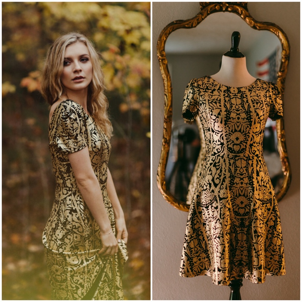 Black With Gold Foil Design Fit and Flare Dress