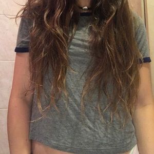 gray t-shirt with navy blue