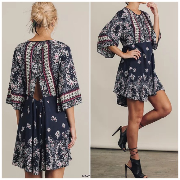 ❗️CLOSING SALE❗️Navy Mix Printed Boho Dress - Picture 2 of 2