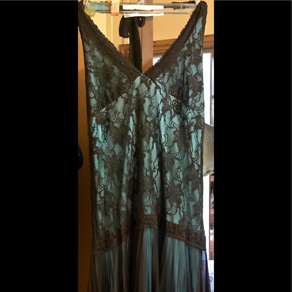 Very pretty teal and brown long halter dress