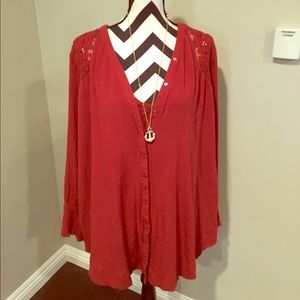 Free People Boho Victorian Red Shirt Dress