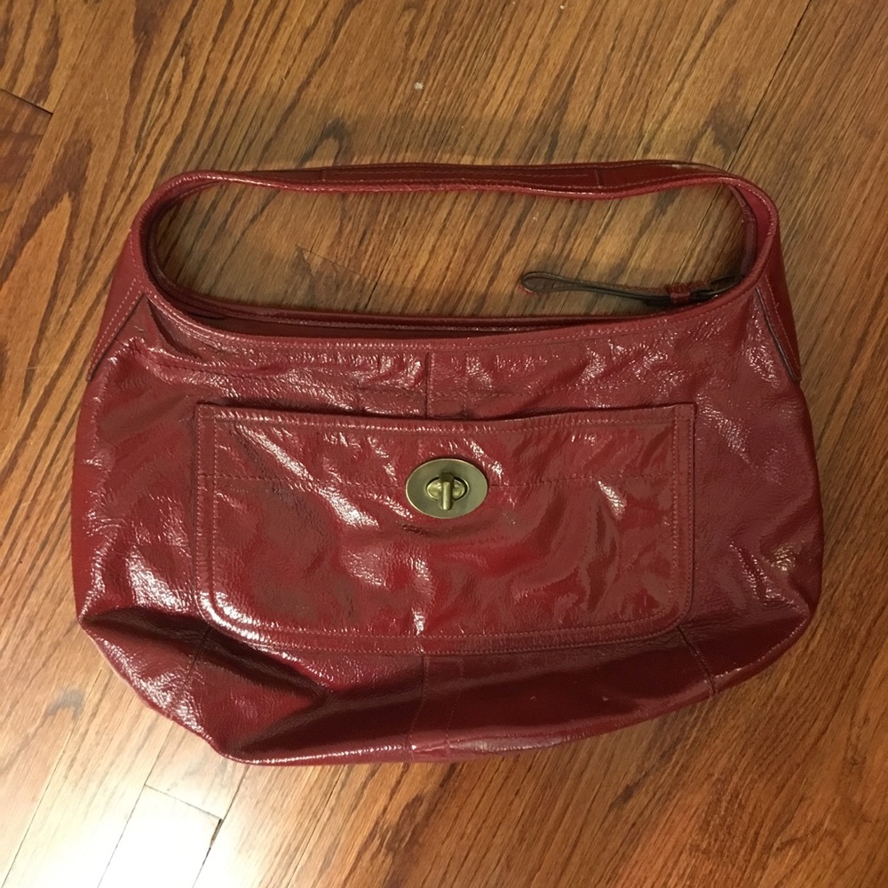 Coach Red Crinkle Patent Leather Hobo Bag