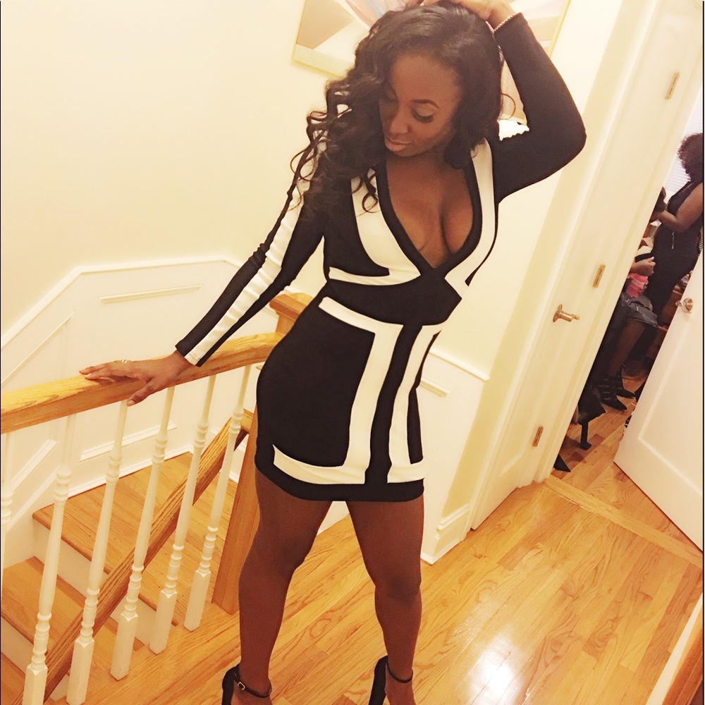 Black and white deep V body con dress