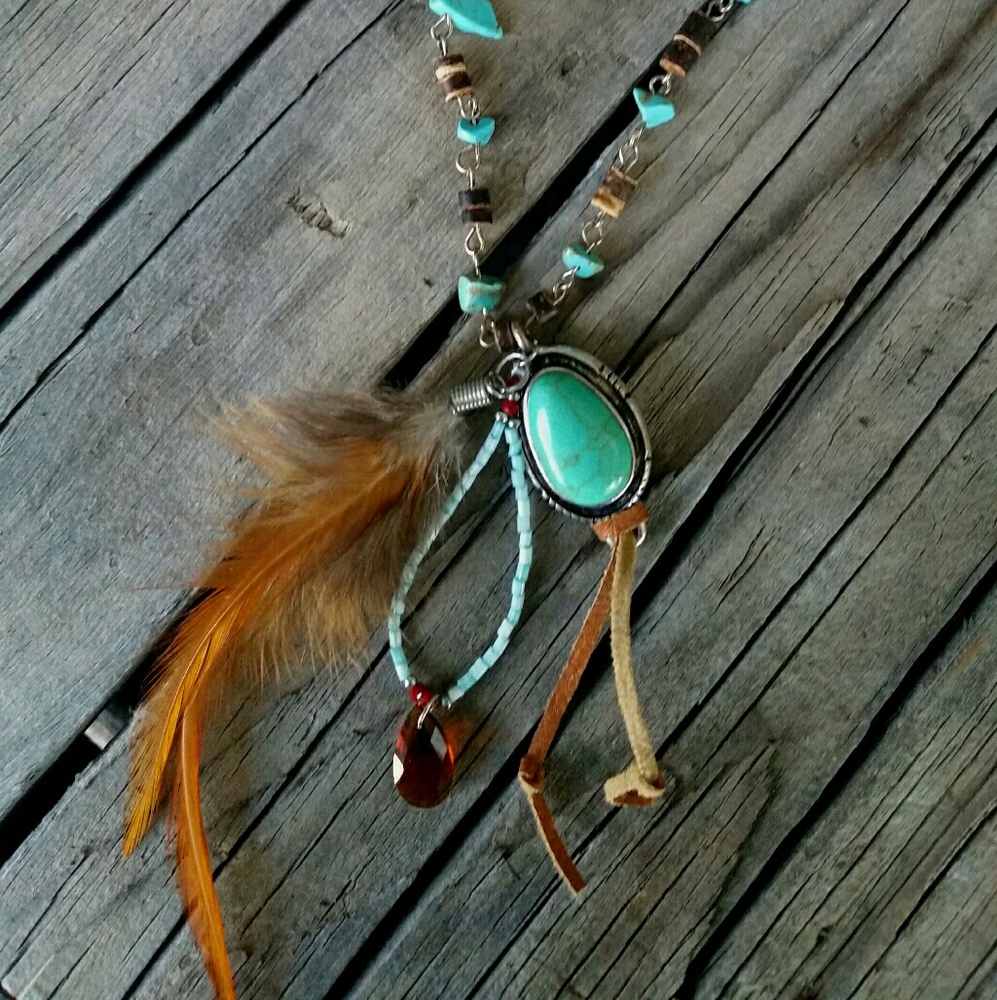 Bohemian Turquoise Feather Necklace NWOT