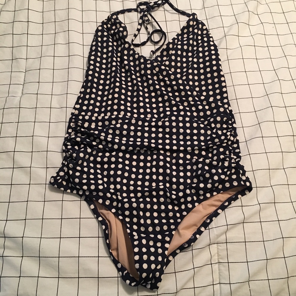 J.Crew Halter Wrap One-Piece Swimsuit in navy dot