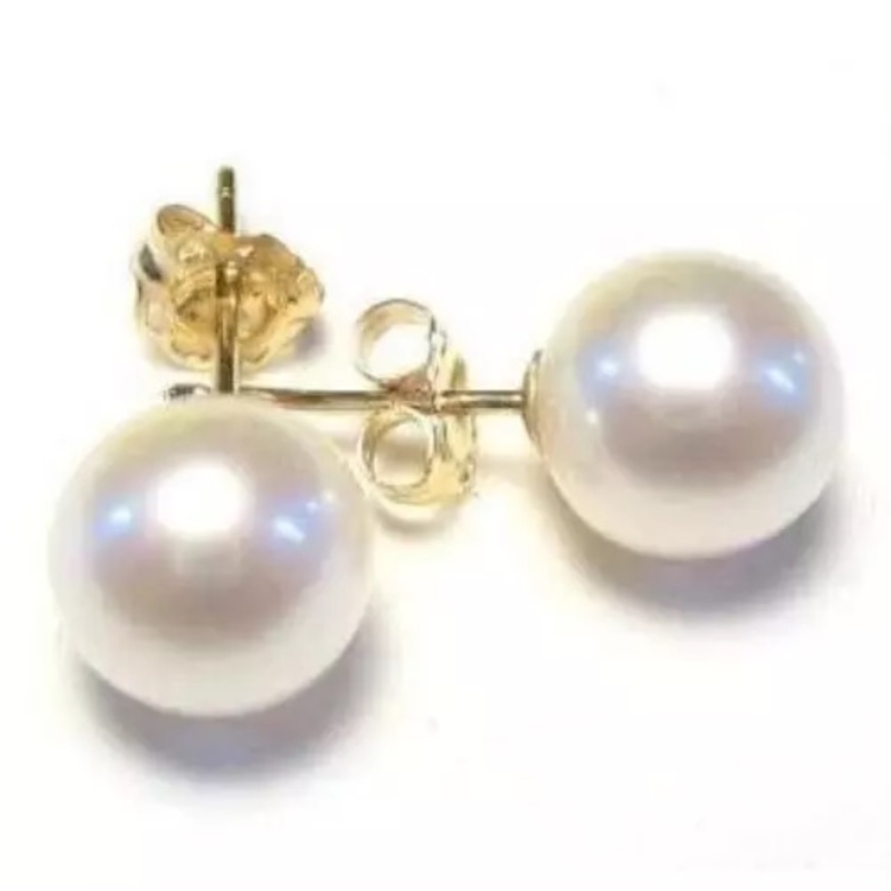 14k Solid Gold White Pearl Stud Earrings - Picture 2 of 4