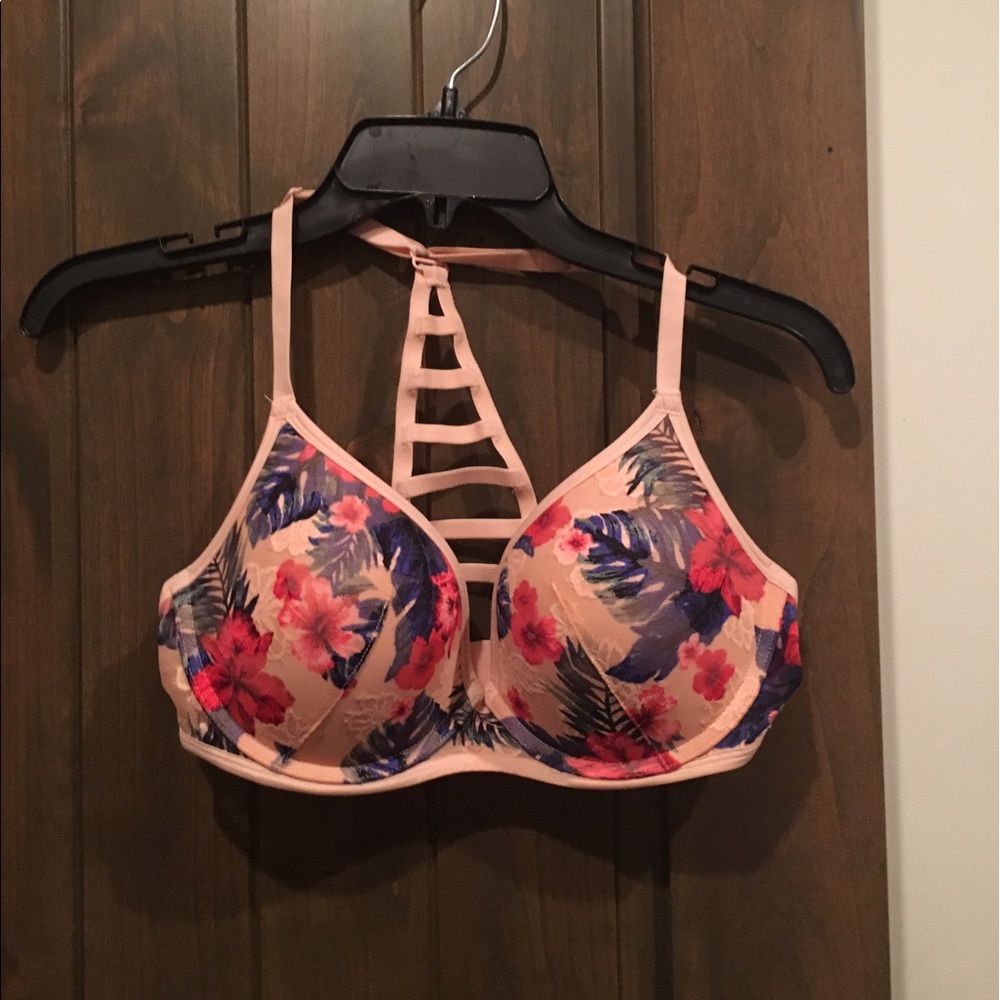 Pink Floral Lace Bra With Adjustable Straps