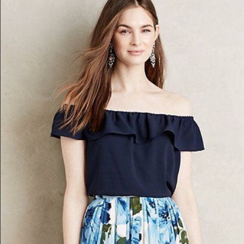 Paper Crown Ruffled Off the Shoulder top M Navy