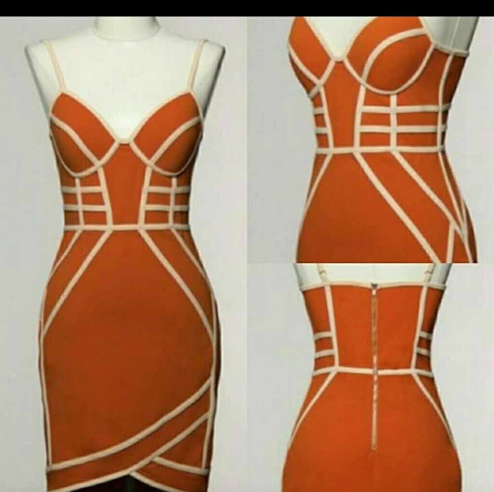 Burnt orange and nude dress.