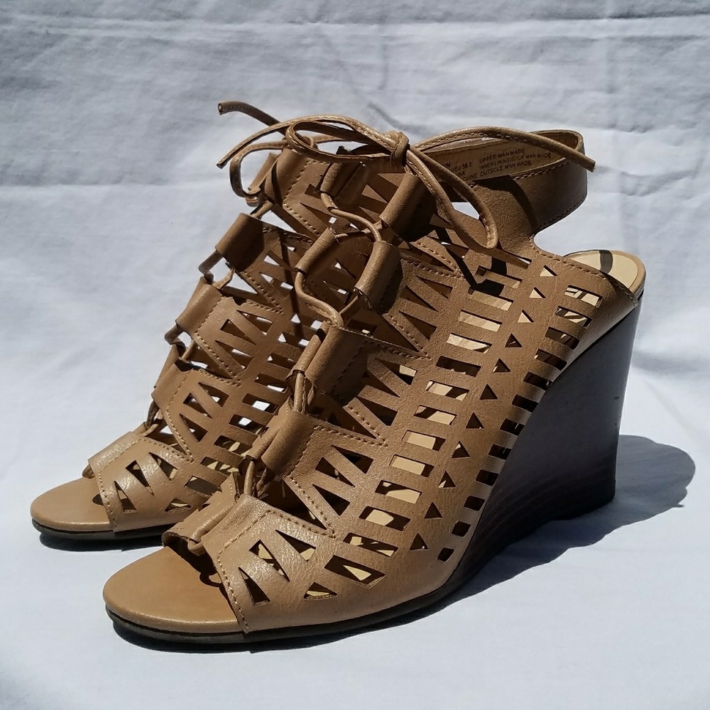 Tan Lace-Up Cutout Wedge Sandals