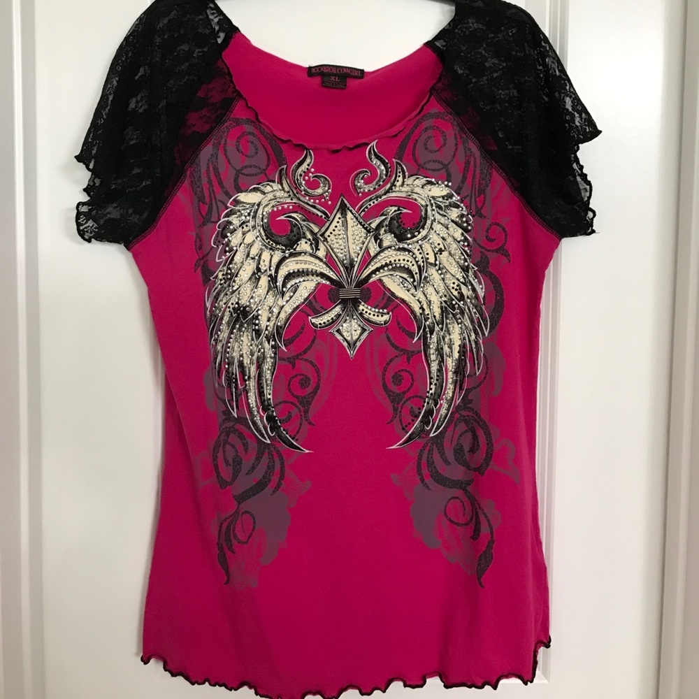 Pink & black lace sleeve embellished top