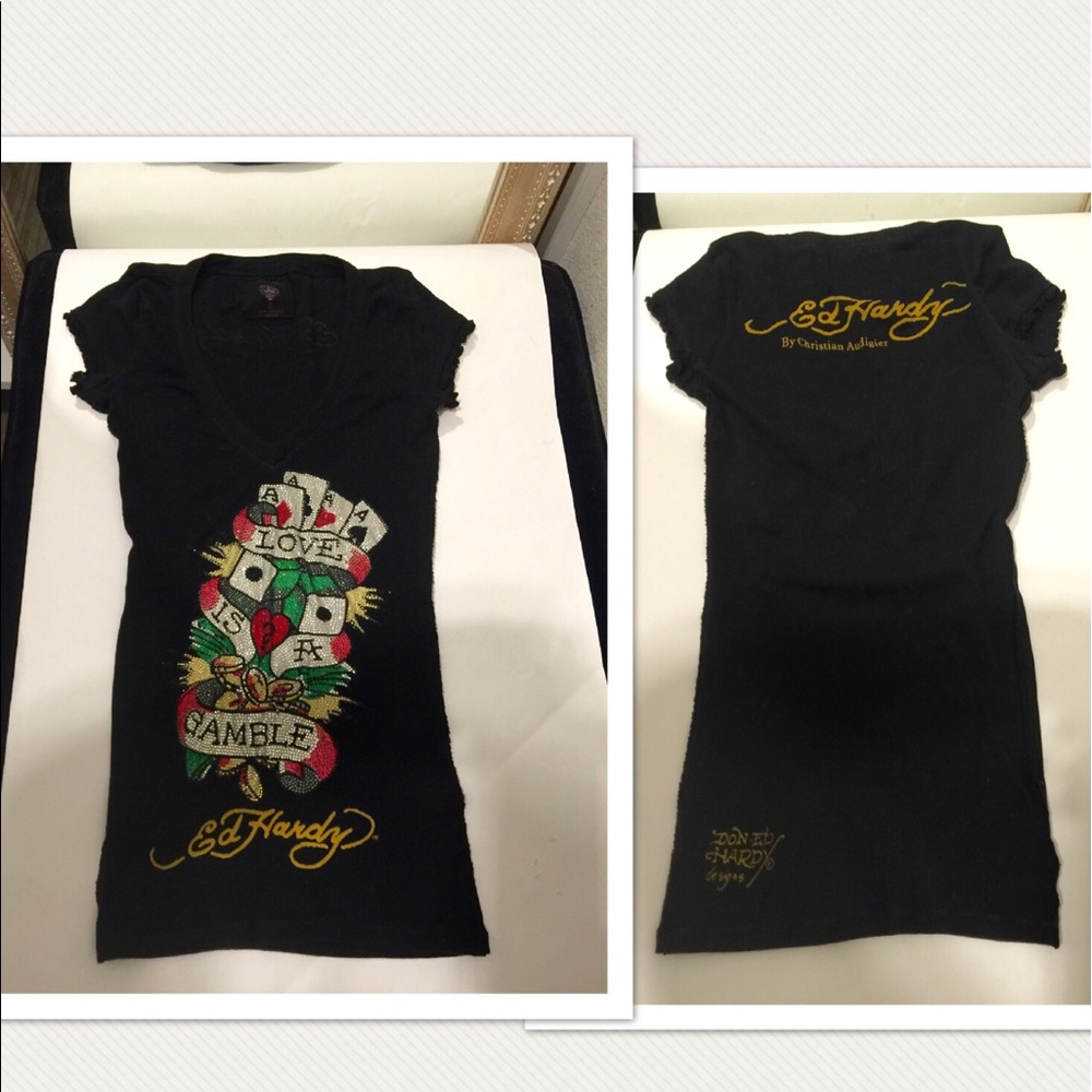 Ed Hardy gamble v neck T shirt ruffled sleeve