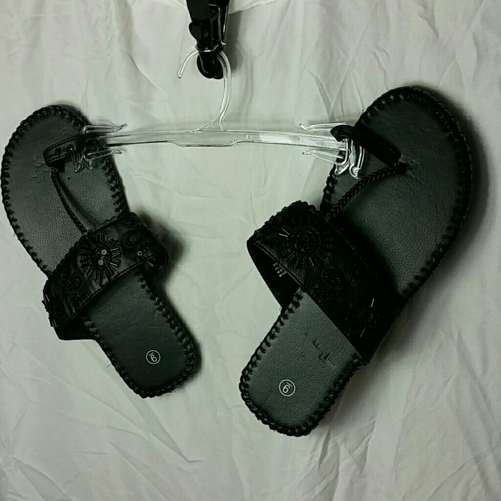 Black beaded flip flops