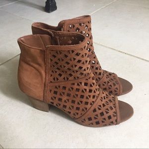 Brown faux leather open toed booties
