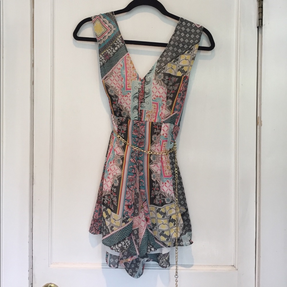 Patterned Romper with Metal Belt