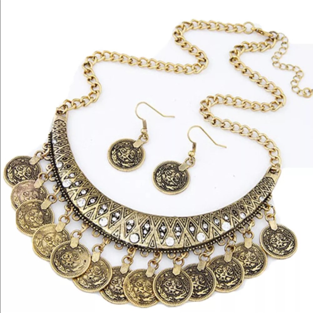 Gold coin necklace & earrings statement piece