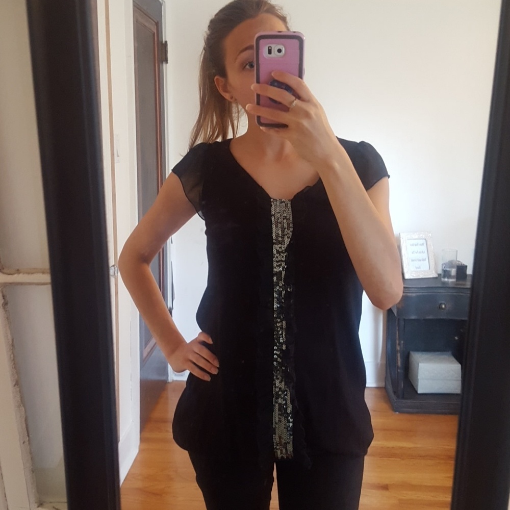 Black sparkle ruffle top and tunic. WORM ONCE.