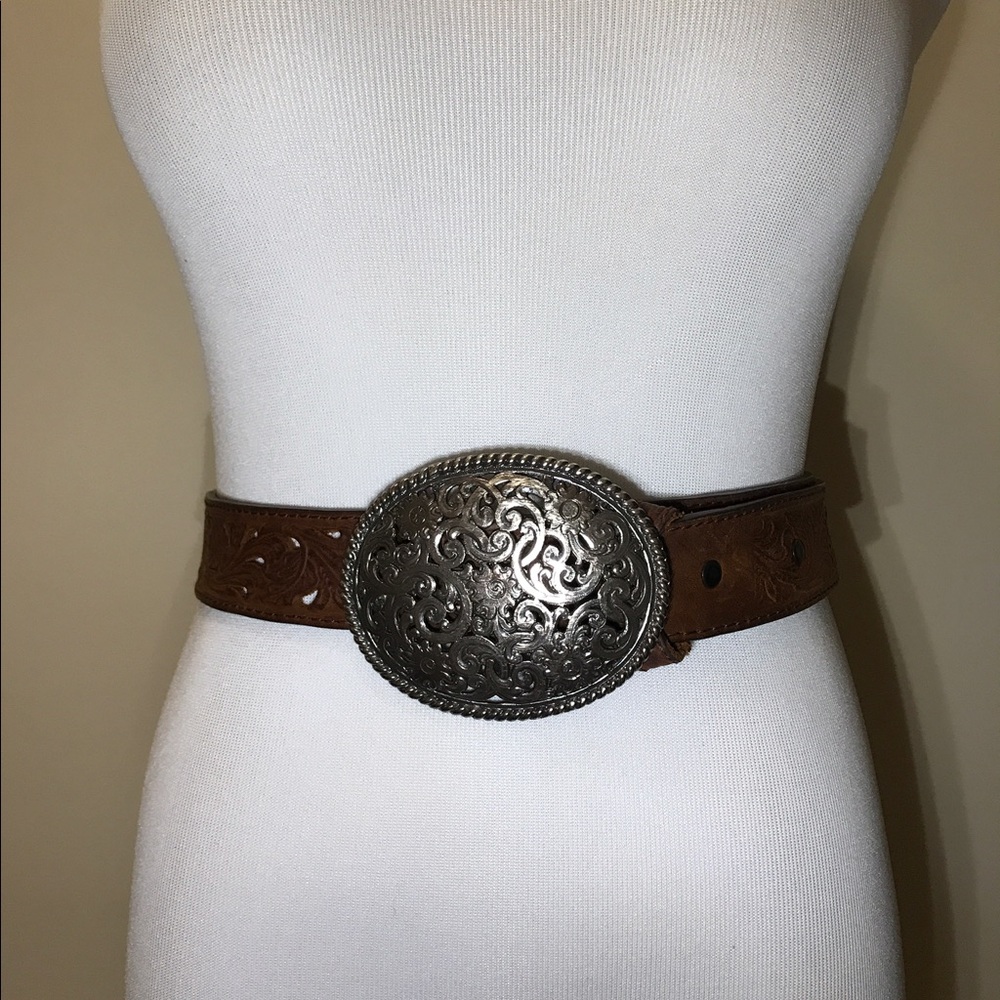 Leather Tony Lama belt 36" scroll buckle 4"x3"