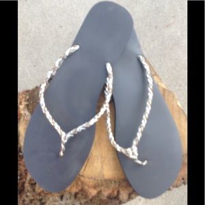 Metallic silver and copper leather rope thongs.