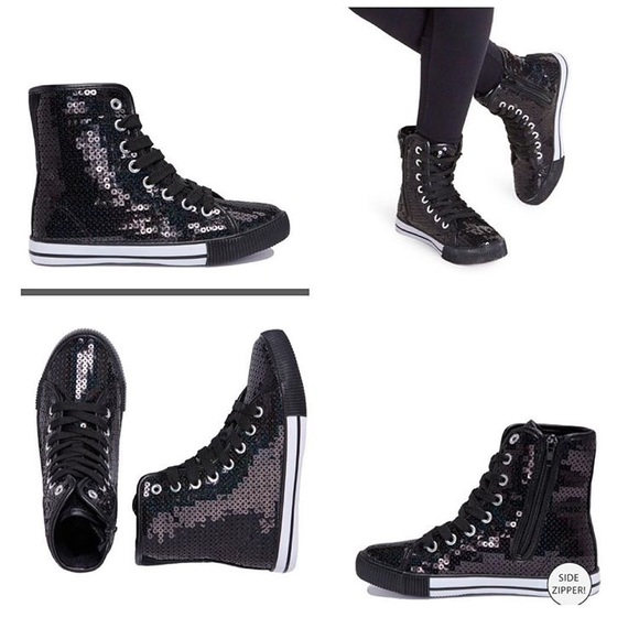 GIRLS HIGH-TOP BLACK SEQUINS SHOES - Picture 1 of 1
