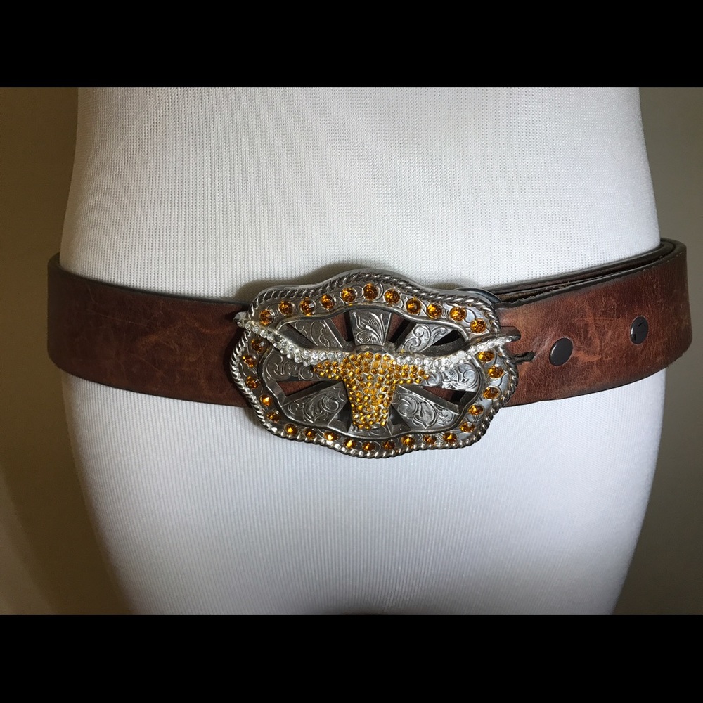 40.5" leather belt w/Longhorn buckle 3.5" x 2.5"