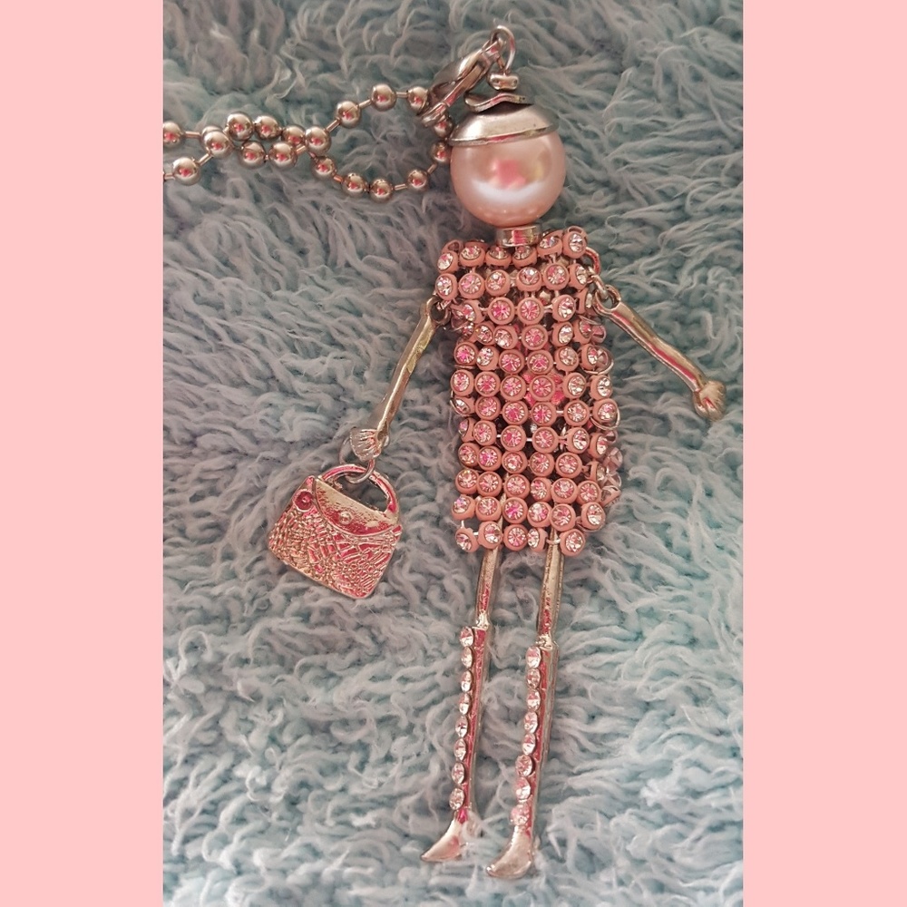 WOMENSNECKLACE~ RHINESTONE GLITZY LADY PENDANT MOVEABLE PARTS~BLACK OR PINK~NWOT - Picture 2 of 7