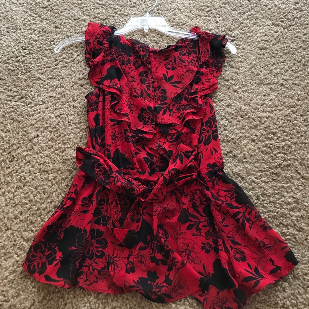 Express red and black floral blouse with ruffle